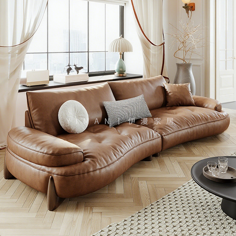 真皮沙发云朵意式极简小户型客厅复古头层牛皮中古风客厅直排沙发