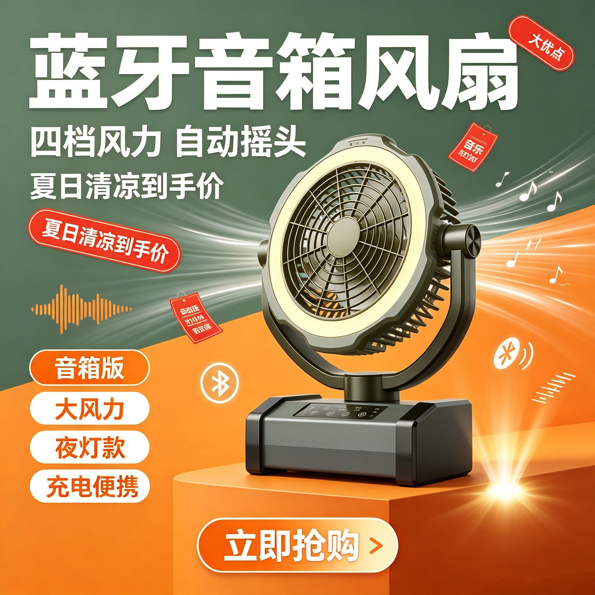 蓝牙音箱户外摇头摆摊长续航风扇