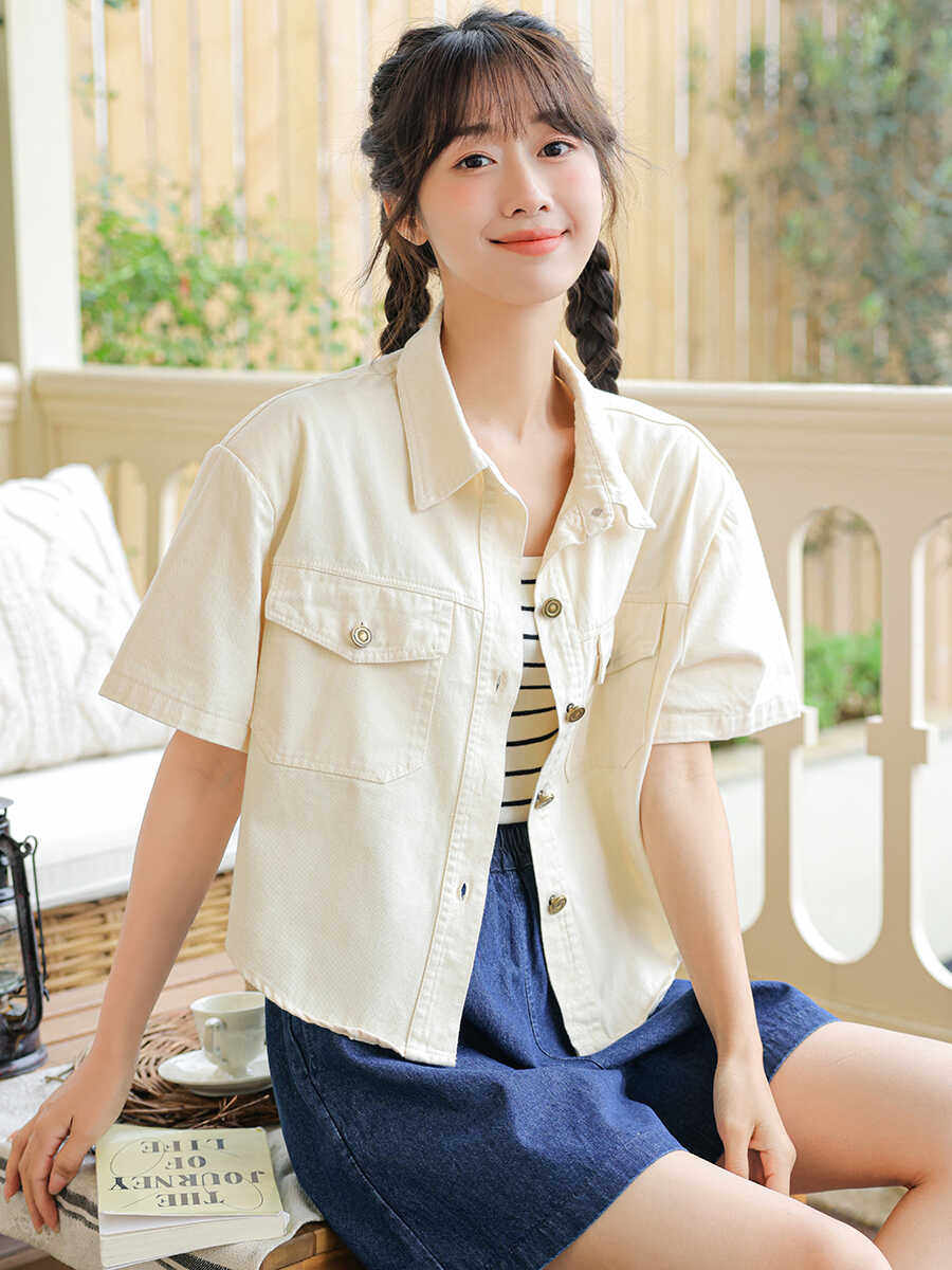 白色短款牛仔外套女2024夏季新款小个子宽松百搭薄款短袖衬衫外套