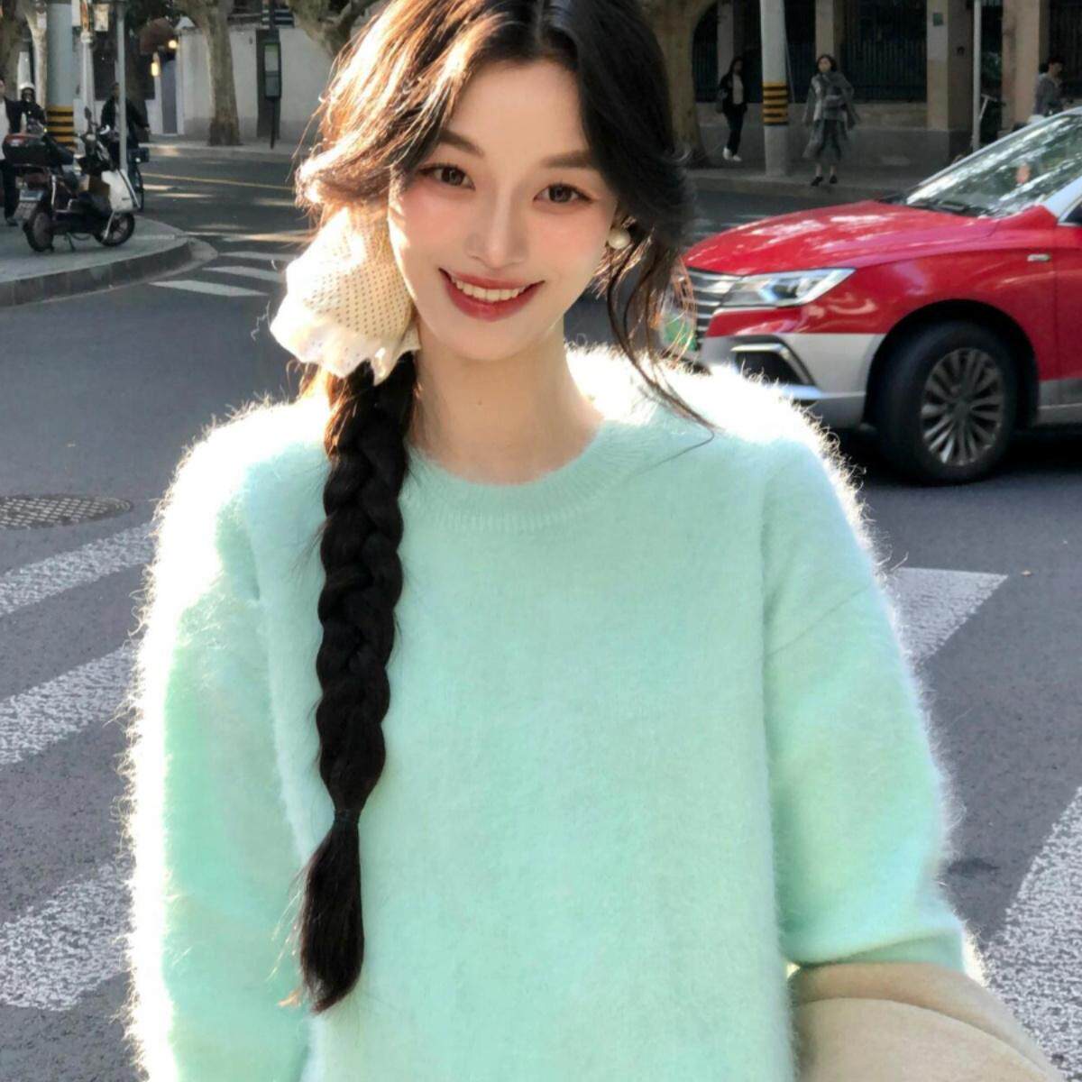韩系慵懒小清新薄荷绿套头毛衣女冬外穿圆领软糯水貂绒针织衫上衣