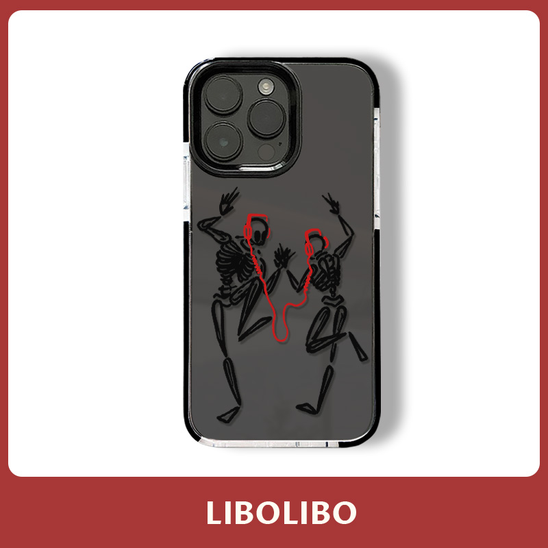 哩卜哩卜个性跳舞骷髅适用Phone15/16promax手机壳15plus黑边13/11pro全包12mini防摔xsmax苹果14小众8/7plus