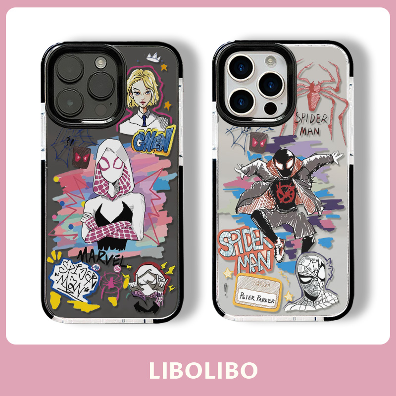 哩卜哩卜涂鸦情侣蜘蛛侠适用苹果16手机壳iPhone15pro/14promax黑边13套11pro全包xsmax软壳防摔12pro8/7plus