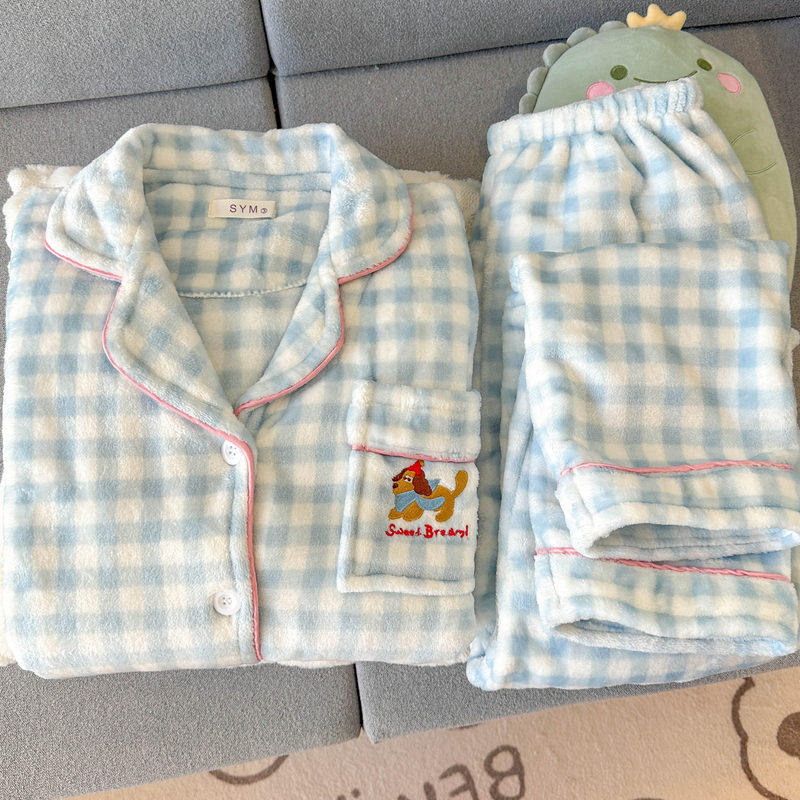 全棉纯棉珊瑚绒大码睡衣女秋冬款甜美卡通小狗加厚保暖奶蓝格子家