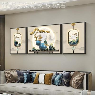 网红福鹿新中式客厅挂画葫芦沙发景墙装饰壁画寓意大好高档气背三