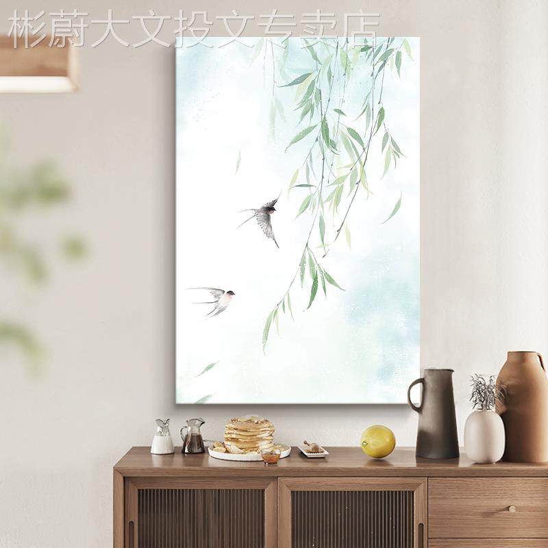 网红柳树新中式纯手绘油画玄关装柳饰画厅抽象燕子拂客丙烯肌理画