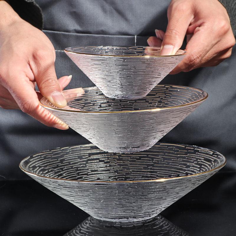 水果盘碗金边斗笠碗北欧水晶玻璃沙拉碗家用条纹甜品碗盘玻璃餐具
