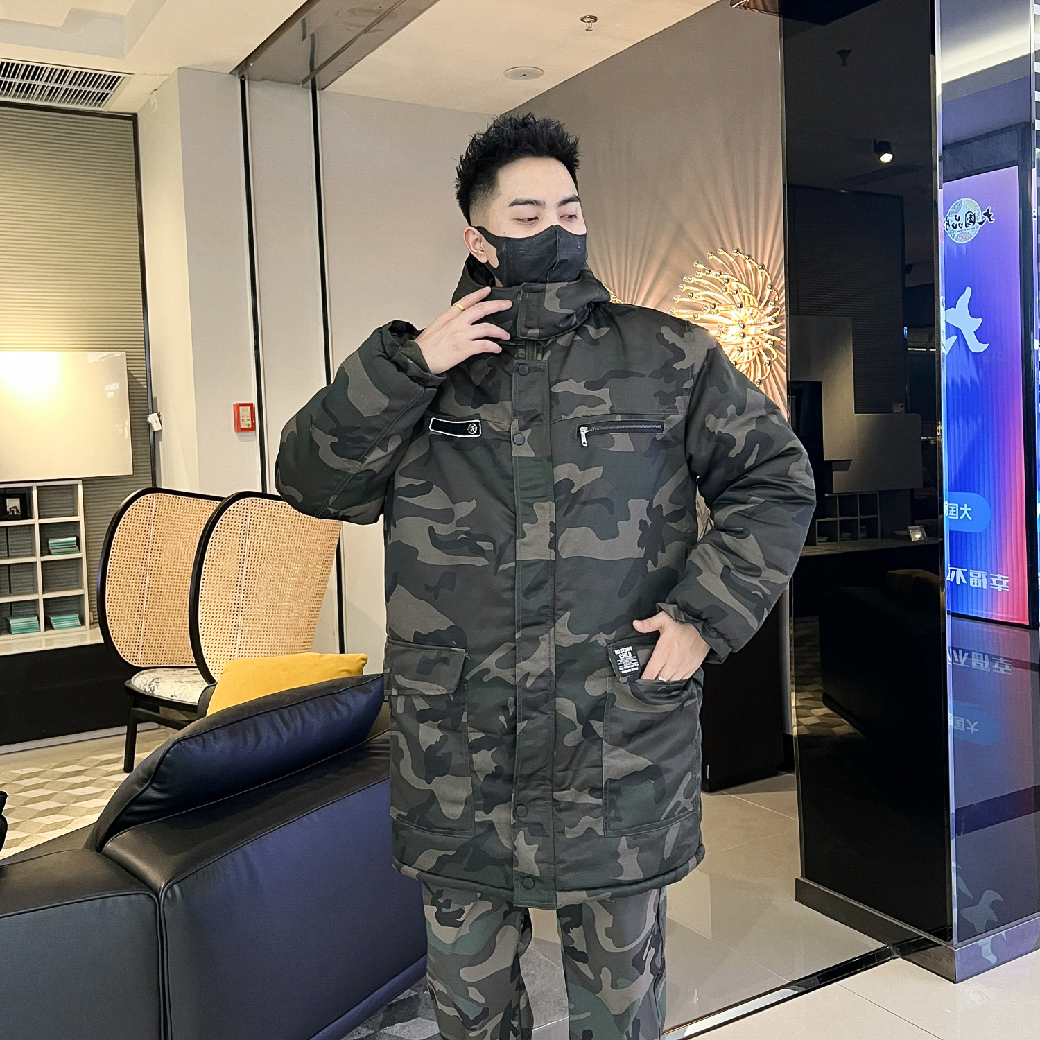 冬季新款加长棉服劳保迷彩棉衣棉服防水加绒加厚中长款工作服棉袄