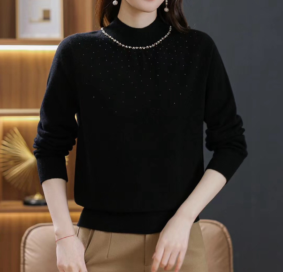 100%纯羊毛衫女半高领秋冬高端时尚黑色镶钻毛衣女针织打底衫内搭