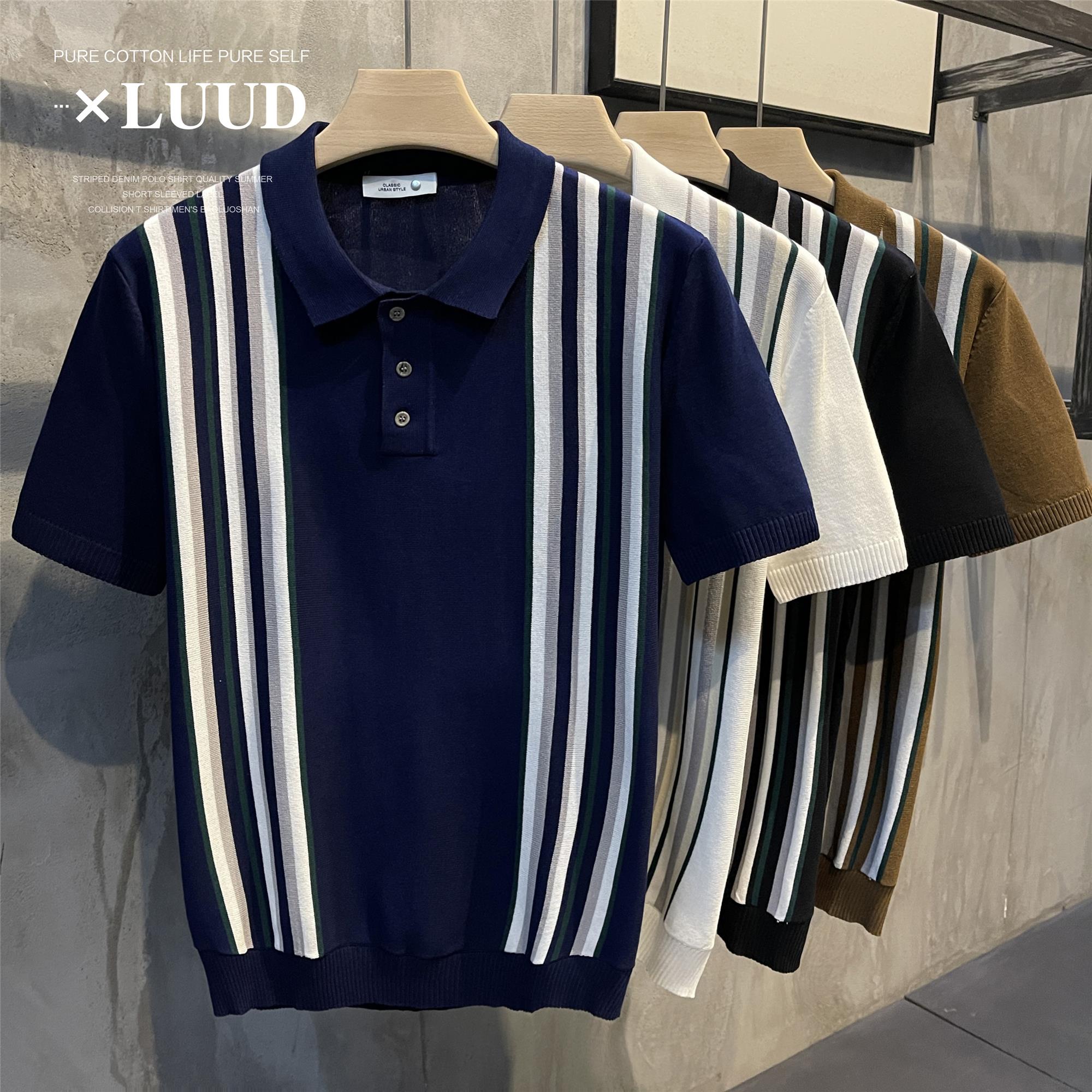 LUUD 轻熟英伦风撞色竖条纹短袖针织衫复古潮男痞帅微宽松POLO衫