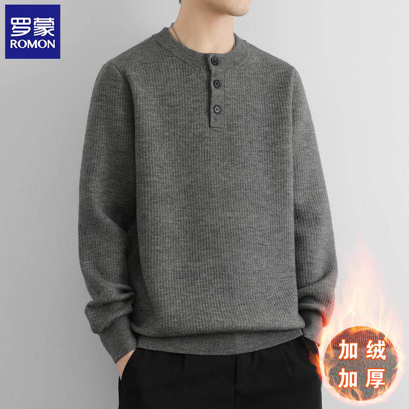 罗蒙圆领毛衣男士冬季新款套头纯色加绒加厚针织衫潮牌宽松毛线衣
