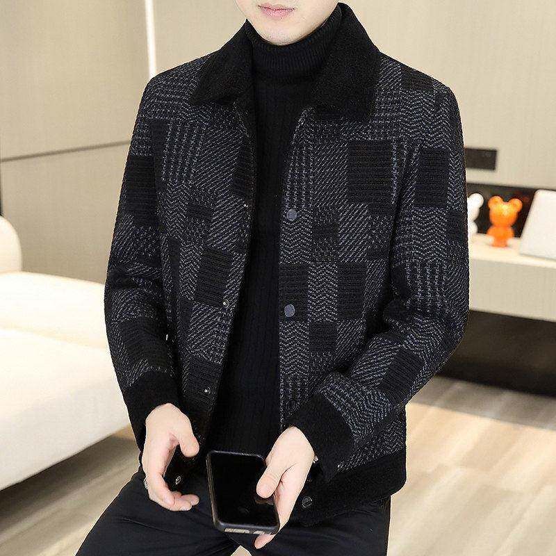 罗蒙翻领羽绒服男士短款夹克冬季商务休闲毛呢大衣白鸭绒格子外套