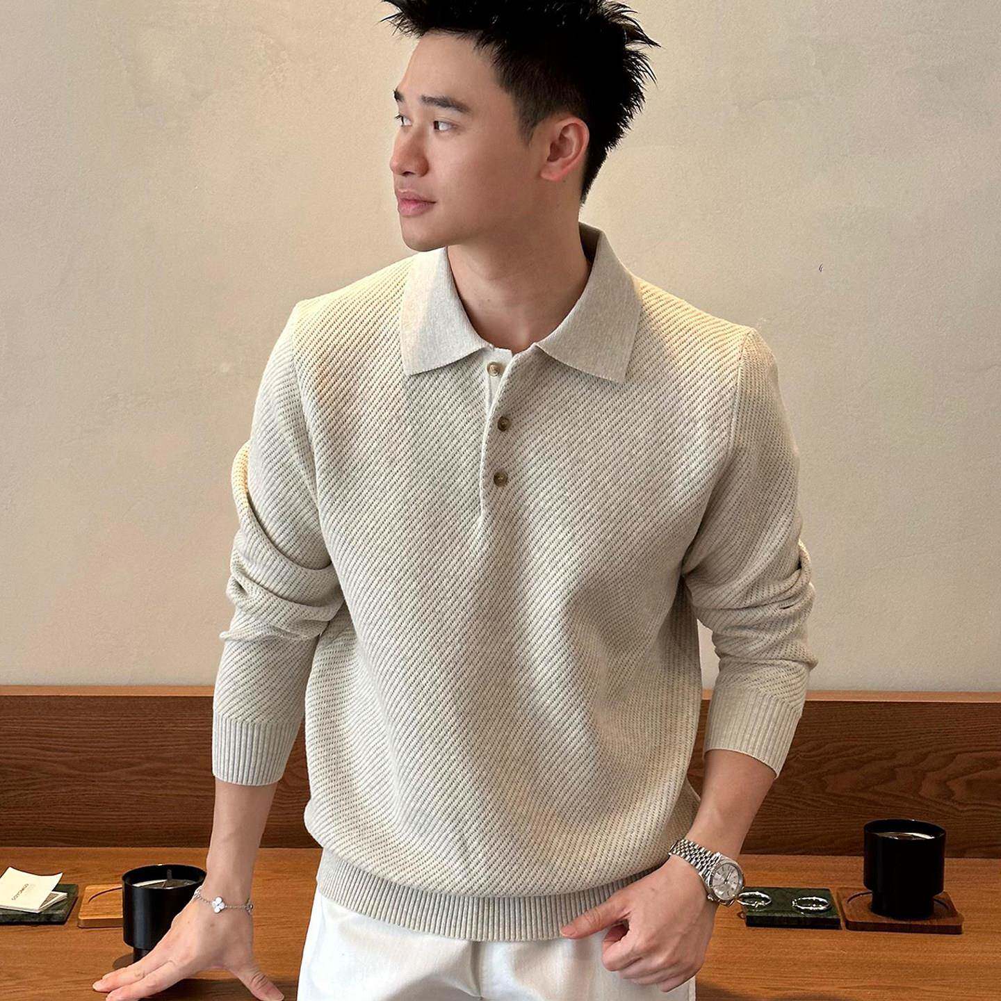 老钱风休闲纹理翻领毛衣男POLO衫冬季保暖商务纯色翻领针织线衣