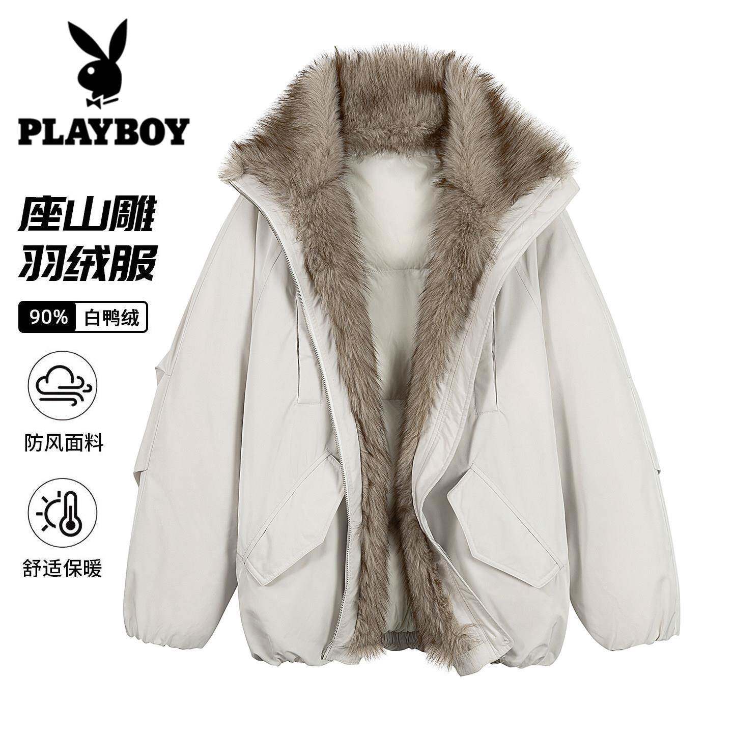 花花公子美式皮草派克羽绒服男士冬季新款加厚座山雕保暖外套情侣