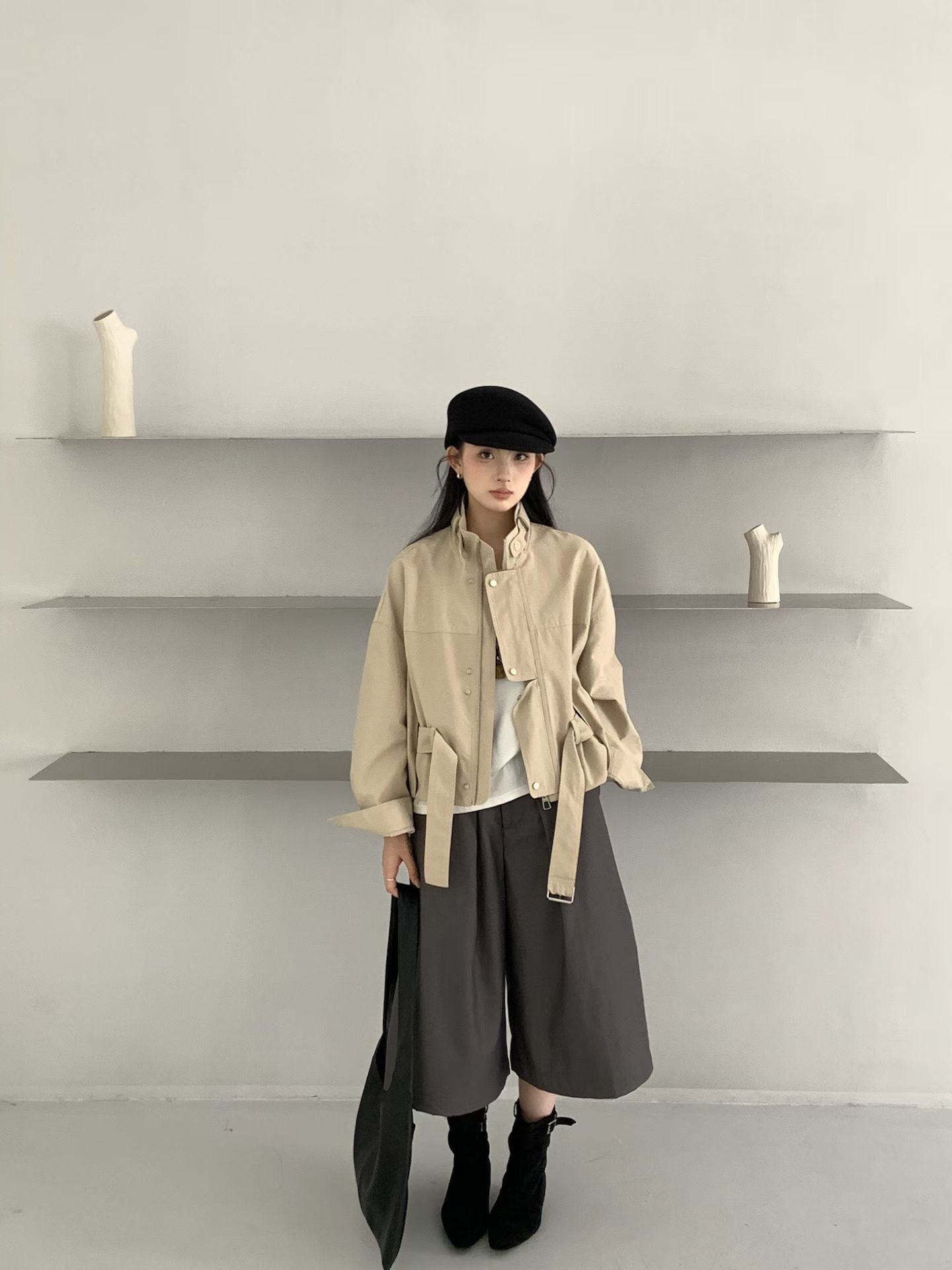 CHAO级推荐 秋款韩系百搭立领系带收腰显瘦设计感短款外套女潮