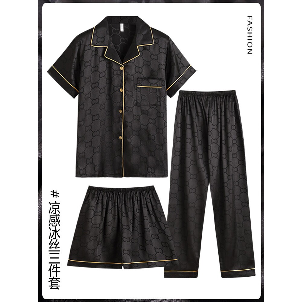 全棉纯棉男士睡衣冰丝夏季三件套短袖薄款黑色丝绸家居服爸爸春秋