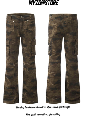 MYZD美式复古迷彩多口袋修身工装裤嘻哈直筒显瘦微喇裤休闲裤男女