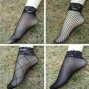 【2-6双】夏季丝袜女蕾丝花边网眼短袜欧美袜透气黑色镂空短网袜