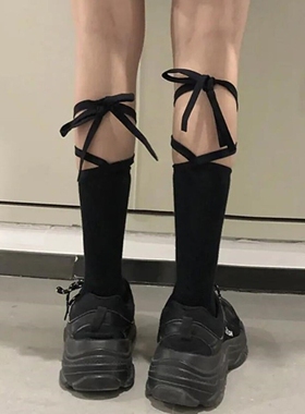 小众设计交叉小腿绑带袜黑色中筒女夏棉长袜子强压瘦腿春秋ins潮
