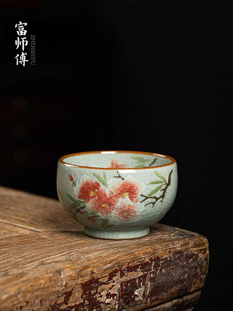 纯手绘桃花嫣红茶杯单杯釉下彩罗汉杯陶瓷主人杯功夫茶碗茶盏茶具