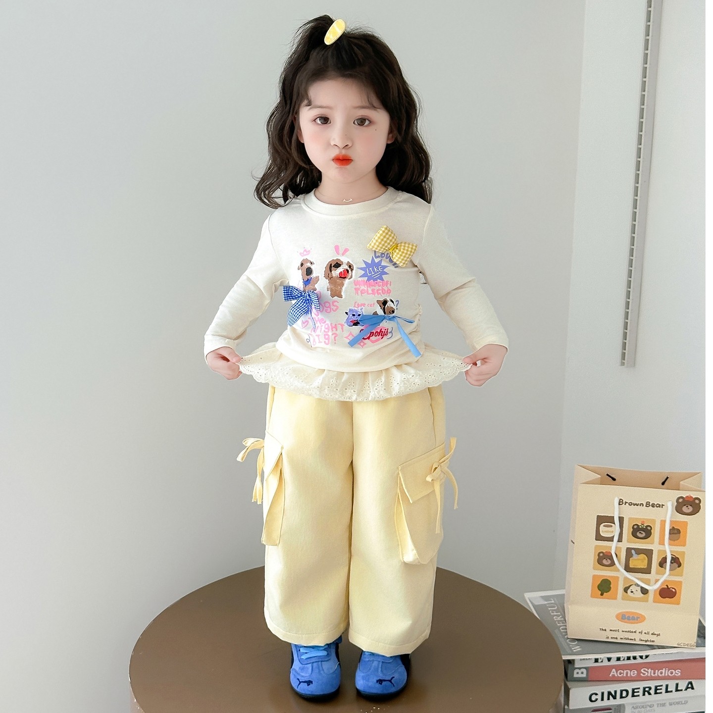 小女孩春秋新款卡通蝴蝶结长袖衫套装儿童2甜美花边阔腿裤两件套,女装/女士精品,时尚套装,淘宝优惠券,粉丝福利购,淘宝优惠卷