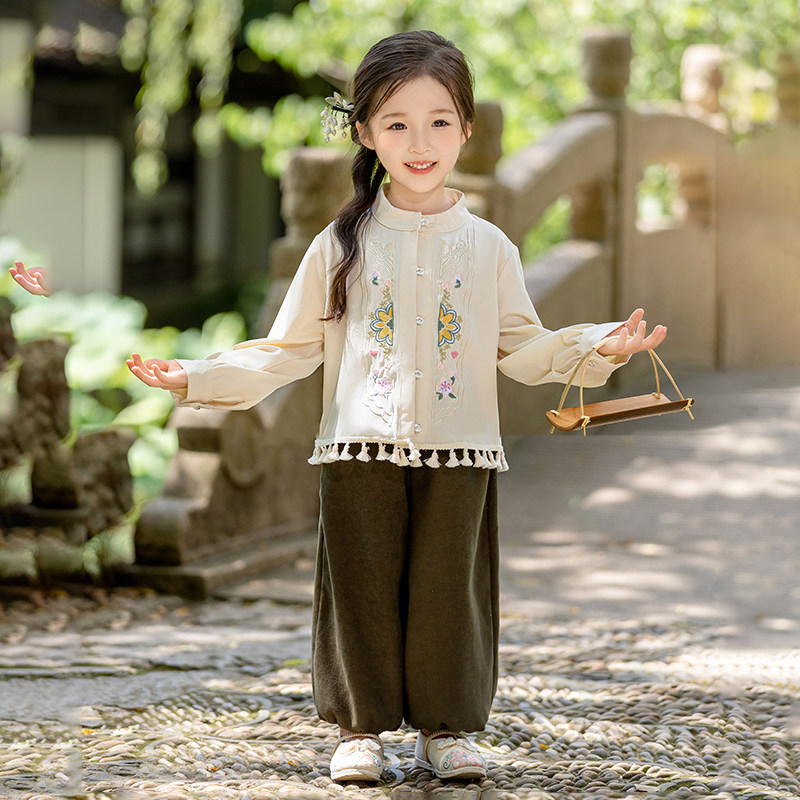 小女孩春季新款甜美宋韵古装两件套女娃娃古风雅致汉服刺绣唐装潮