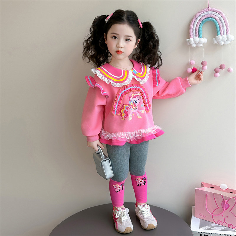 女童小马宝莉翻领卫衣套装新款春秋季女宝宝打底裤纯棉两件套洋气