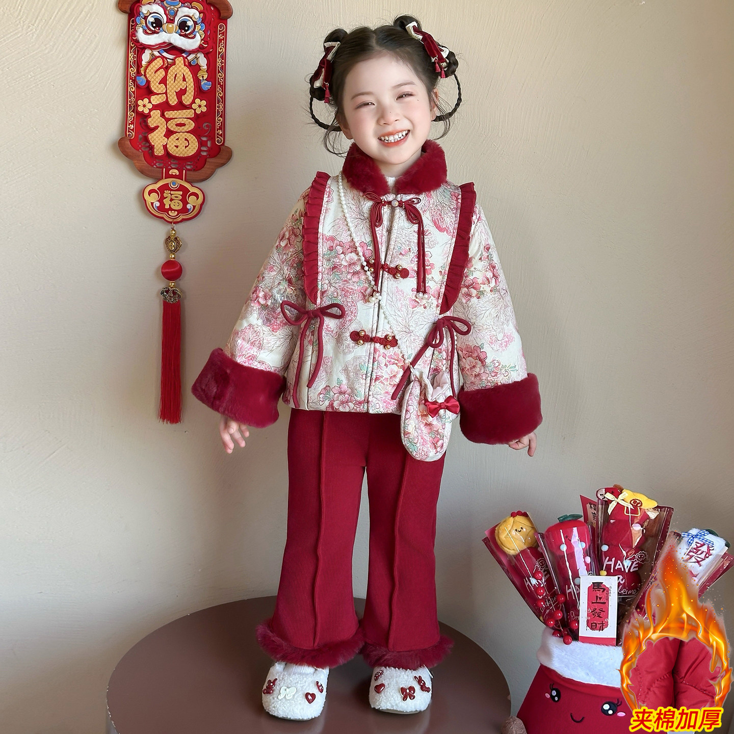 儿童红色拜年服加绒加厚两件套