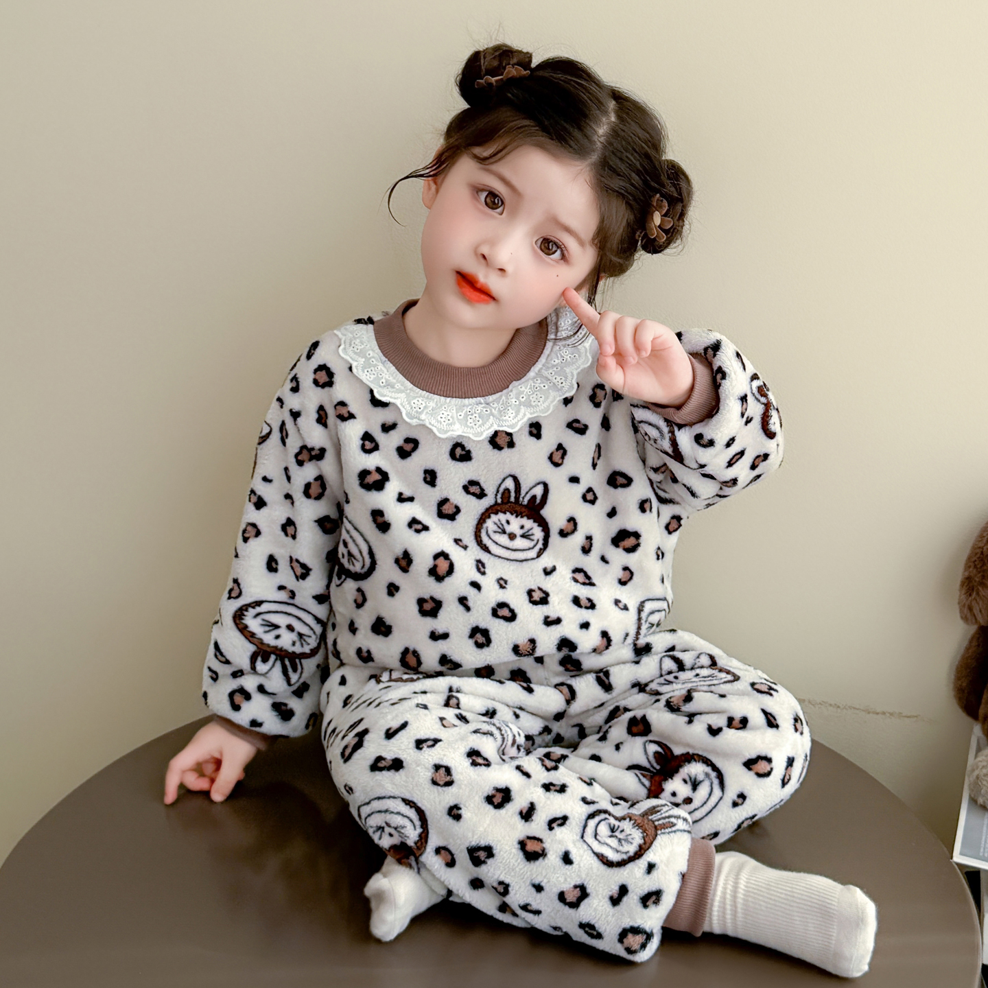 女童豹纹拉布布法兰绒睡衣冬季2幼儿小女孩宝宝保暖珊瑚绒家居服5