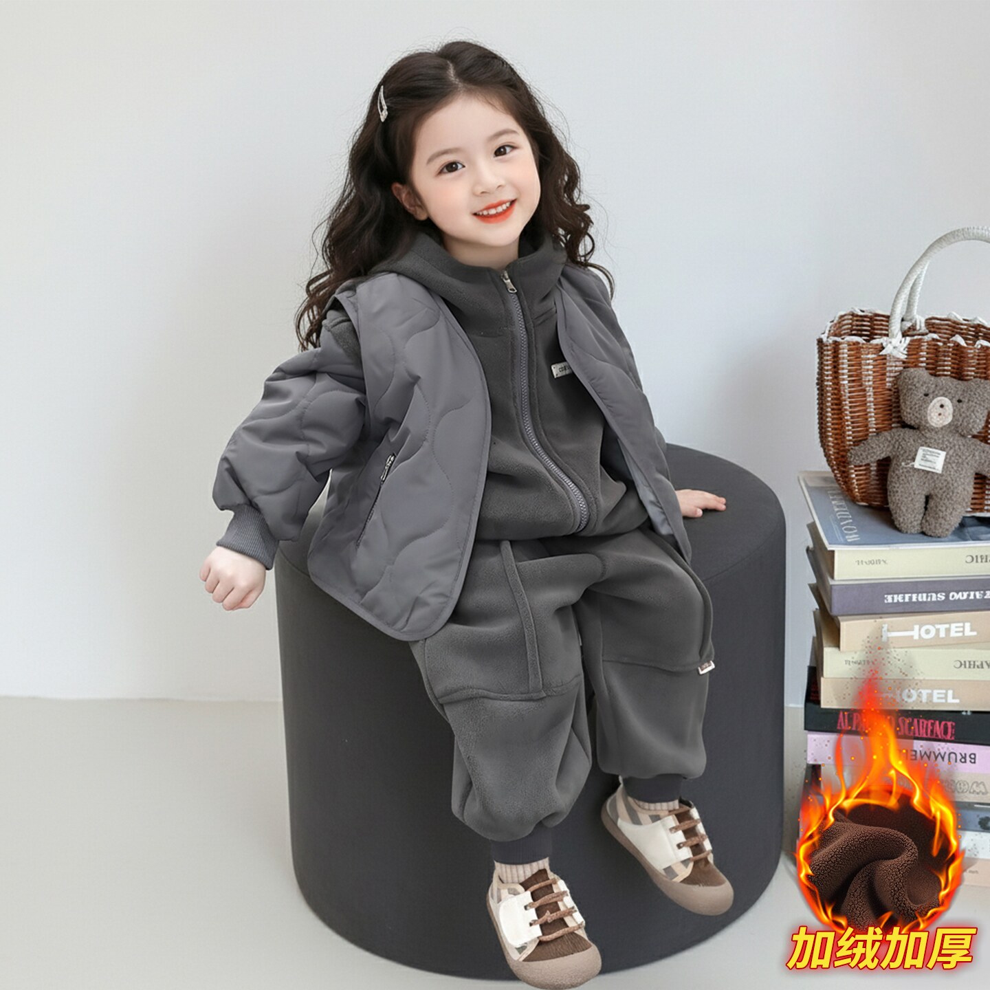 女童马甲卫衣加绒加厚三件套2025冬季儿童休闲三件套保暖韩版衣服