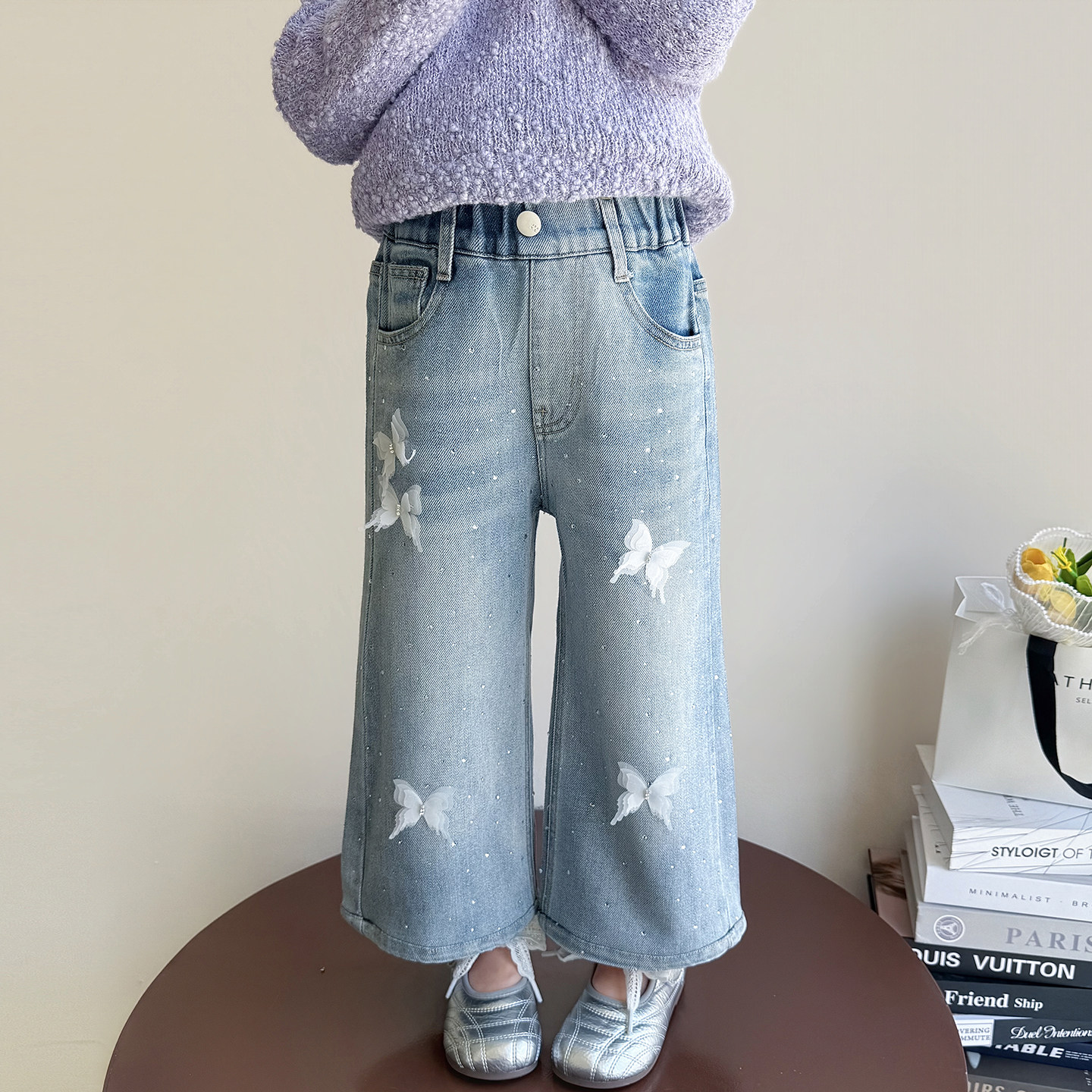 小女孩春秋新款蝴蝶结满钻牛仔裤儿童甜美亮钻阔腿裤细闪直筒裤潮