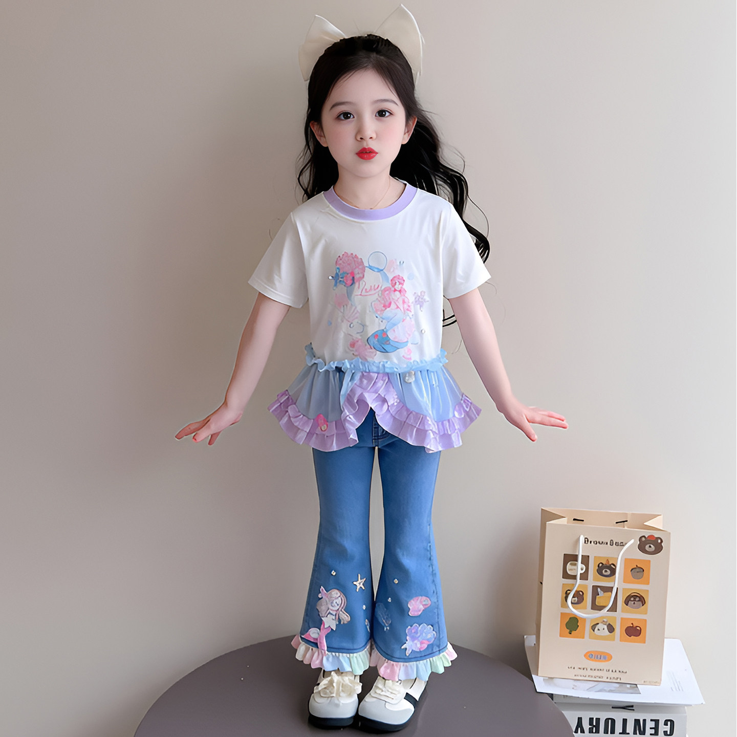 女童夏季新款美人鱼卡通短袖花边套装女宝宝可爱甜美牛仔裤两件套