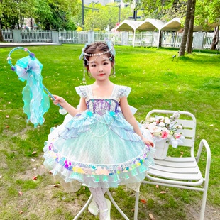 女宝宝夏季 美人鱼蝴蝶结连衣裙儿童精致网纱裙公主裙丝带礼裙 新款