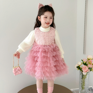 儿童春秋新款甜美背心裙打底衫套装女娃娃可爱网纱裙蛋糕裙连衣裙