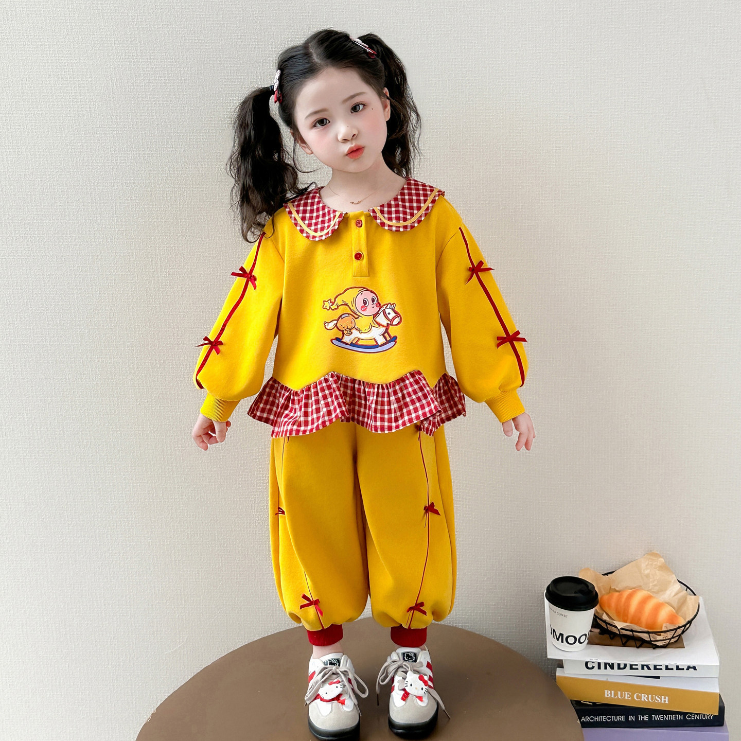 女宝宝春秋新款可爱裙边格子卫衣套装儿童甜美萌趣束脚裤两件套潮