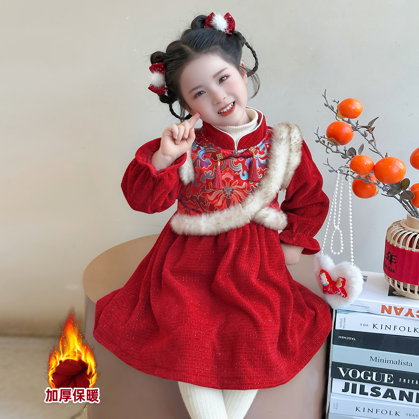 女童冬季加绒新中式年服裙加厚新春连衣裙喜庆儿童唐装红色公主裙
