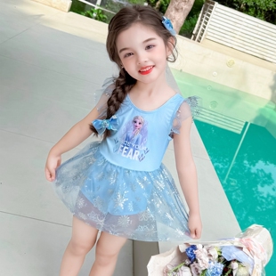 沙滩度假服 艾莎公主连体泳衣女宝宝卡通网纱裙游泳装 女童夏季 新款