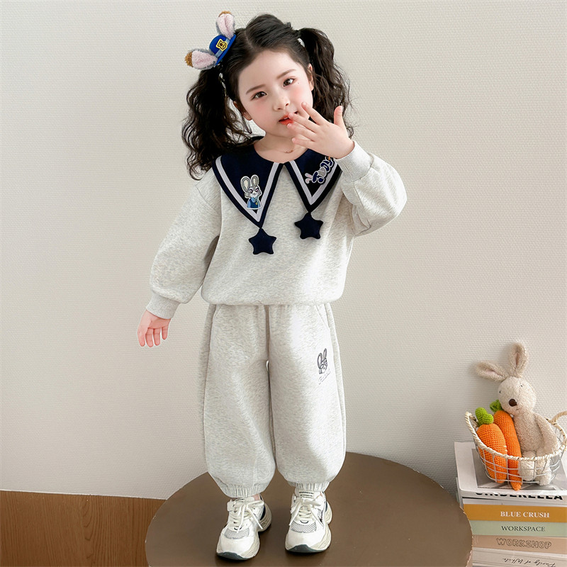 女童春秋卡通兔子绣花卫衣套装学院风时髦洋气休闲两件套