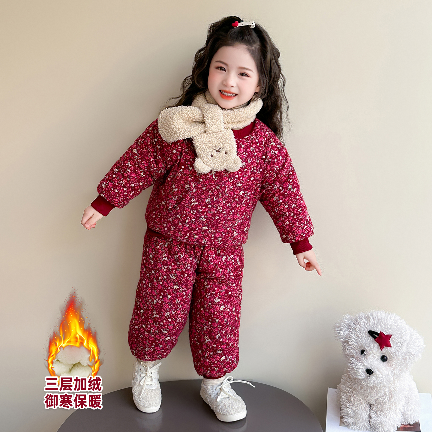 女童东北大花碎花棉衣套装2025新款女宝宝加绒三层加厚睡衣家居服