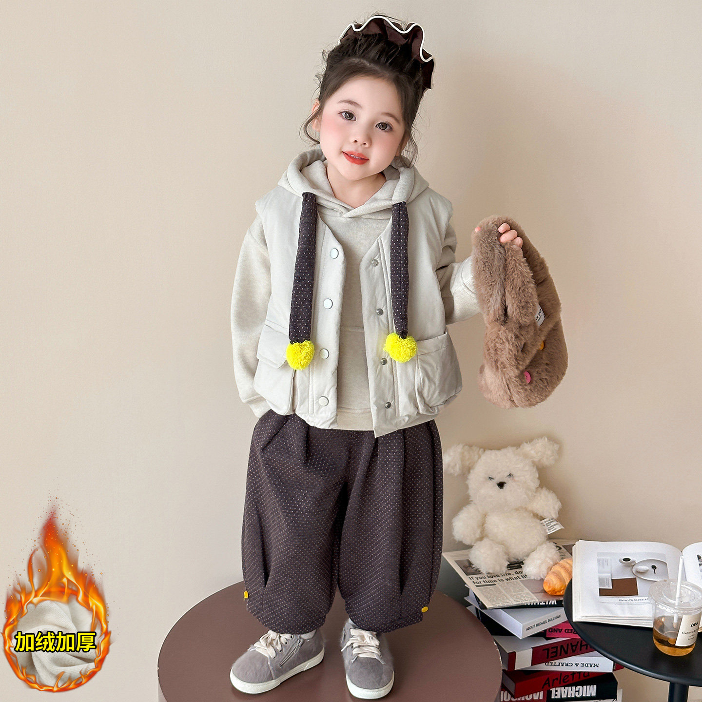 女童冬季新款时尚加棉马甲三件套小女孩加绒韩系卫衣加厚潮束脚裤