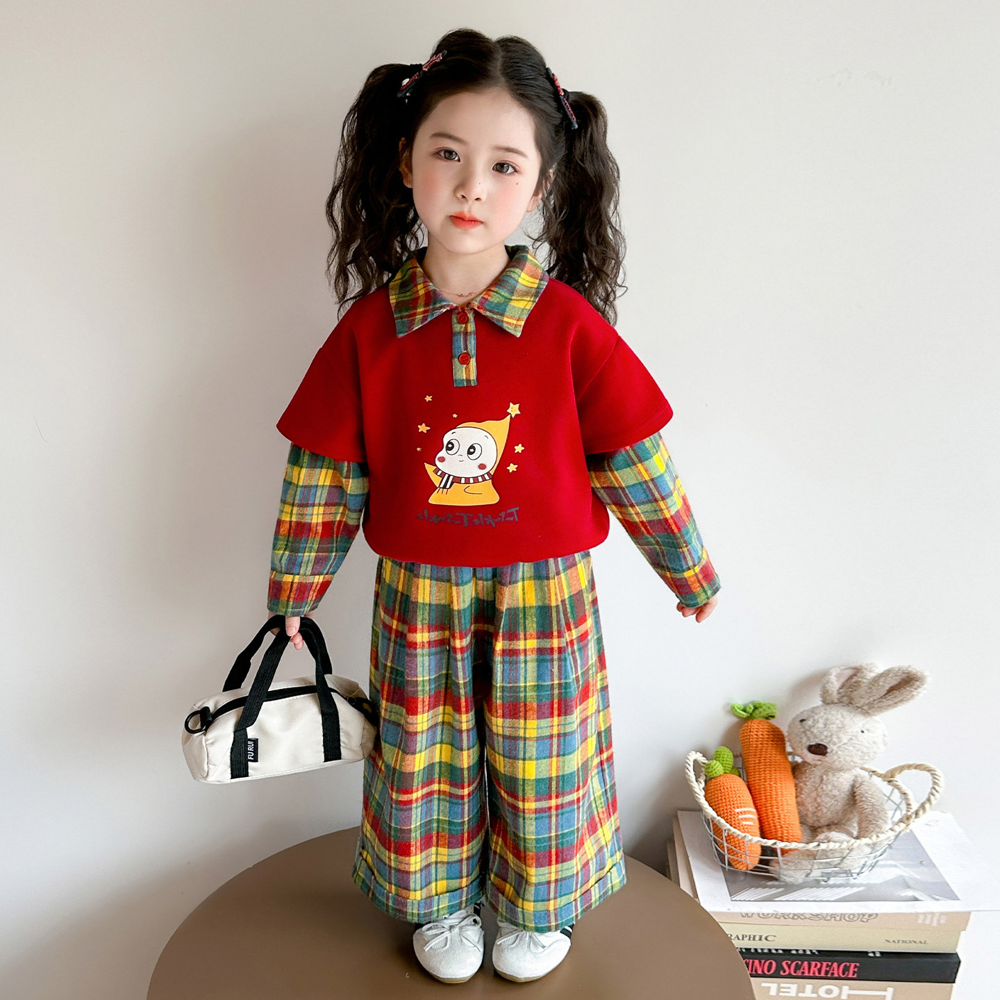 女宝宝春秋新款卡通假两件卫衣套装小女孩萌趣格子阔腿裤两件套潮