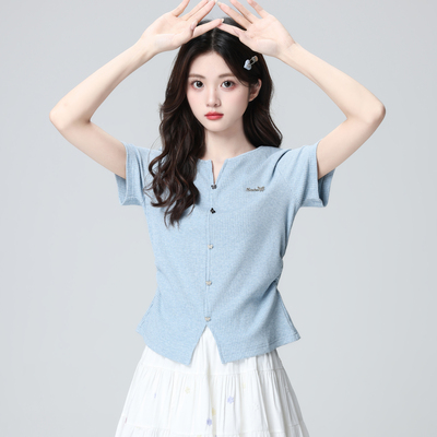 蓝色V领短袖T恤女2026夏新款开叉设计感褶皱收腰正肩T恤短款上衣
