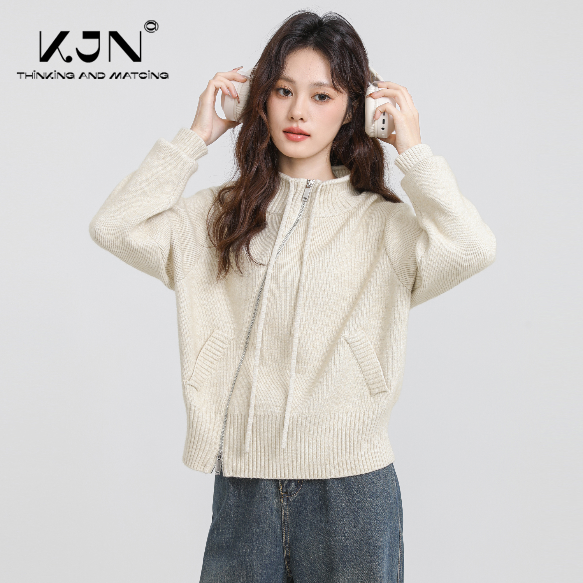 半高领加厚毛衣外套女2025春秋新款不规则双拉链立领针织开衫上衣