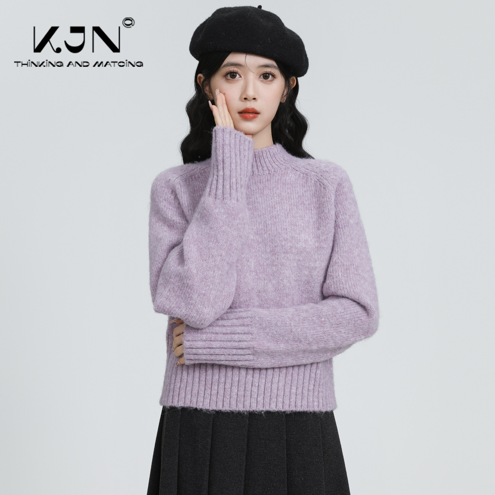 紫色加厚半高领毛衣女2025秋冬新款中领内搭打底针织衫套头短上衣