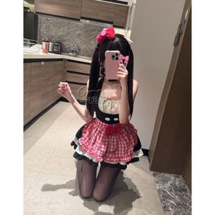 甜酷少女辣妹挂脖连衣裙短裙蓬蓬蛋糕裙气质甜美可爱围裙格纹套装