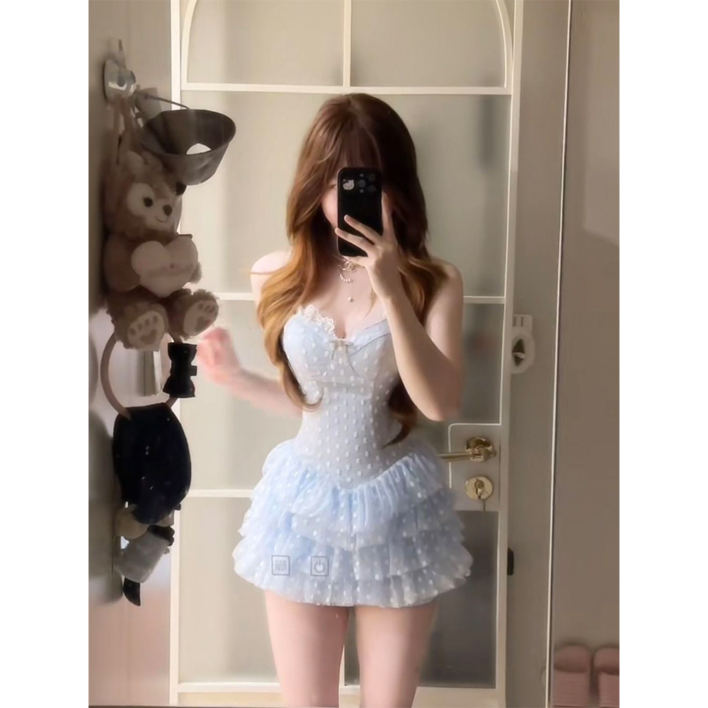 甜妹纯欲风温柔可爱少女吊带连衣裙短裙蓬蓬裙蛋糕裙法式甜美套装