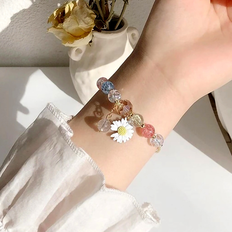 韩版小雏菊手链女孩水晶花朵手链学生冰裂串珠手饰品
