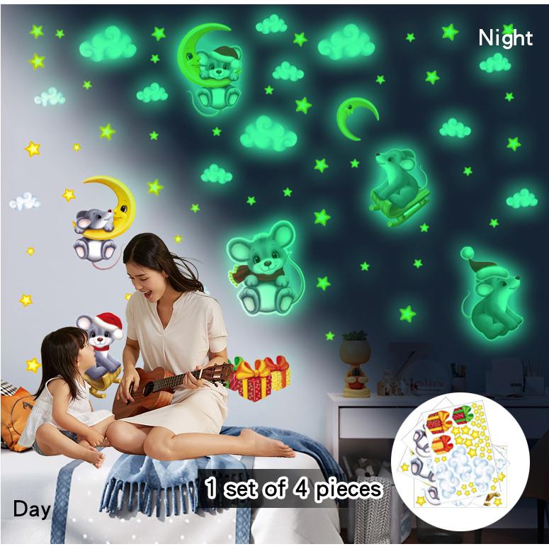 YGP037夜光月亮老鼠星星云朵圣诞帽卡通动物荧光贴纸儿童房墙贴