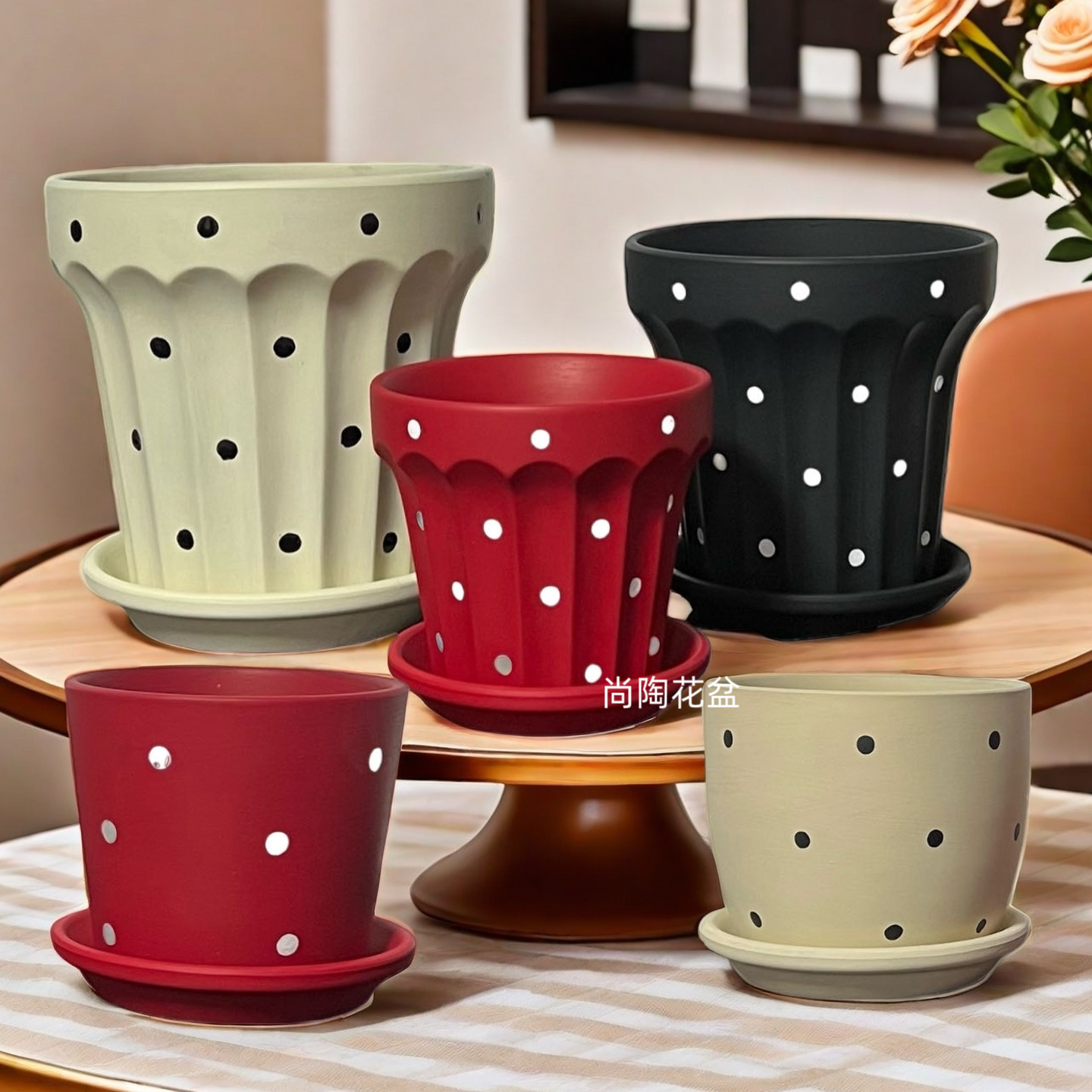 红陶带托盘花盆简约彩色手绘波点绿萝多肉兰花透气陶土桌面绿植盆,鲜花速递/花卉仿真/绿植园艺,花盆,淘宝优惠券,粉丝福利购,淘宝优惠卷