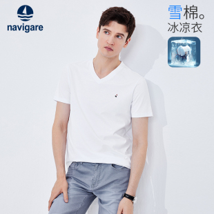 夏季 t恤男士 Navigare意大利小帆船白色短袖 休闲V领打底衫 凉感