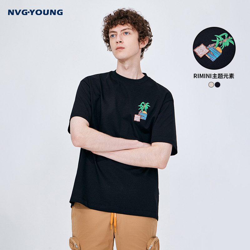 [纯棉]Navigare意大利小帆船通勤黑色t恤男短袖休闲情侣圆